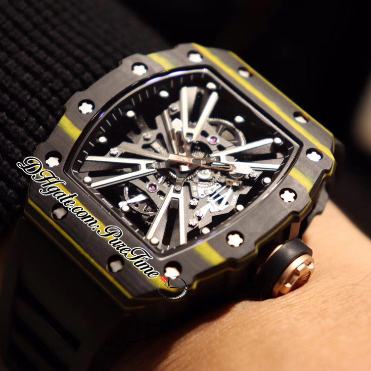 2022 12-01 Miyota Automatisk herrklocka NTPT Black Yellow Carbon Fiber Case Skeleton Dial Big Date Rubber Strap 2 Styles Watches Puretime A1