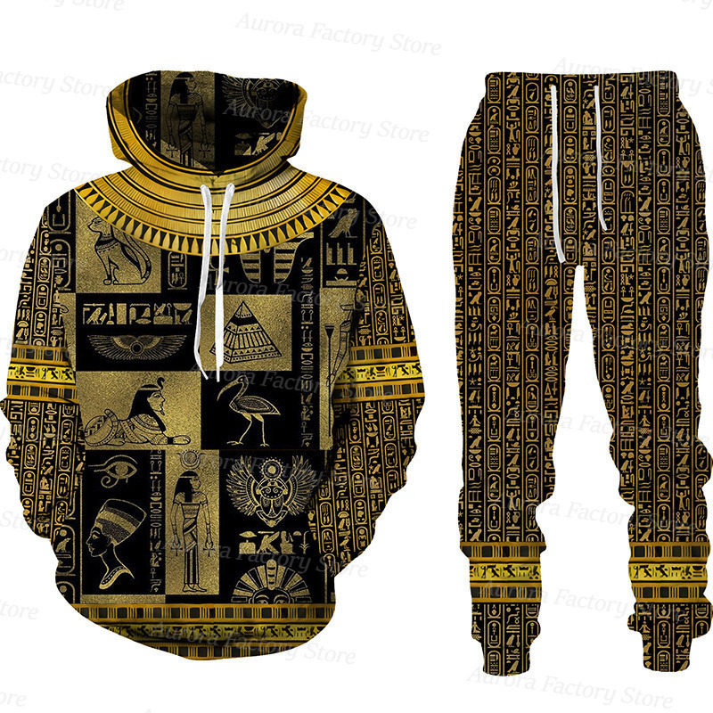 Heren tracksuits heren tracksuit 2 -delige vintage hoodie set Egyptische mythologie outfit pak lange mouw comfortabele dagelijkse kleding met hoed 220906