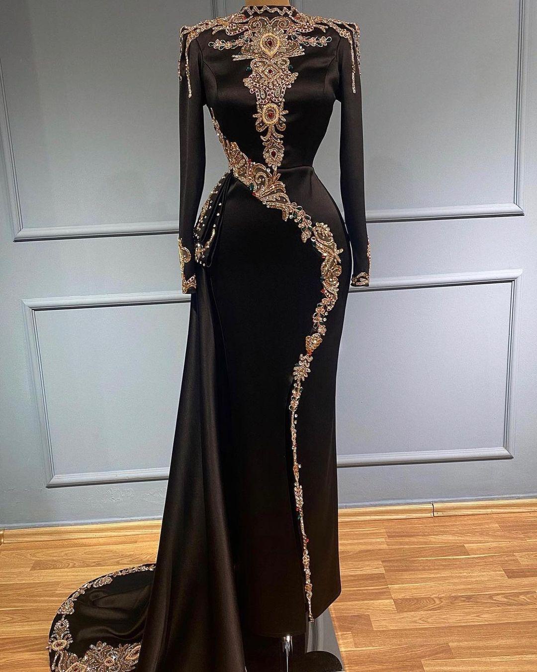 2023 Black Prom Dresses 아랍어 ASO ASO EBI 무슬림 레이스 구슬 크리스탈 긴 슬리브 저녁 공식 파티 두 번째 리셉션 약혼 가운 GB0906