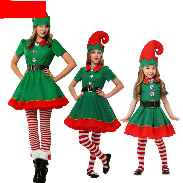 Special Occasions Men Women Girls Boys Christmas Santa Claus Costume Green Elf Cosplay Family Christmas Party Year Fancy Dress Clothes Set For 220905