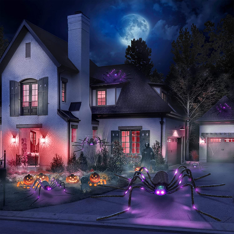 Décoration de fête Halloween Araignée géante Simulation noire Super Big Glowing Spider LED Purple Light Props Effrayant Terror Home Party Décor extérieur 220905