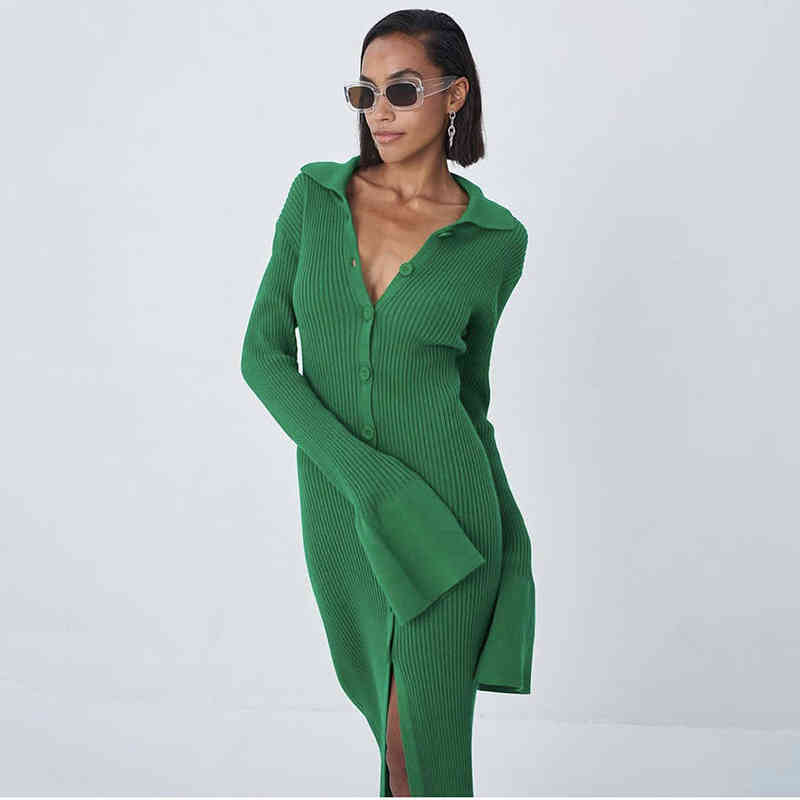 Vrouwen bodycon gebreide jurk 2022 winter met een enkele borsten lange mouw elegante omlaag kraag midi split slanke feestjurken doek t220819