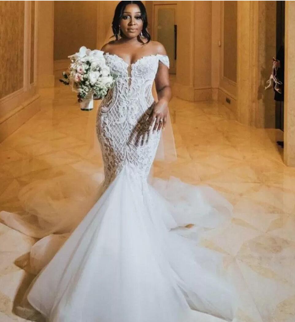 Sexy Off the ramion Suknie ślubne syreny 2022 Arabski Aso Ebi Lace Backless Vestidos de Novia Court Train Bridal Suknie Plus SI303F