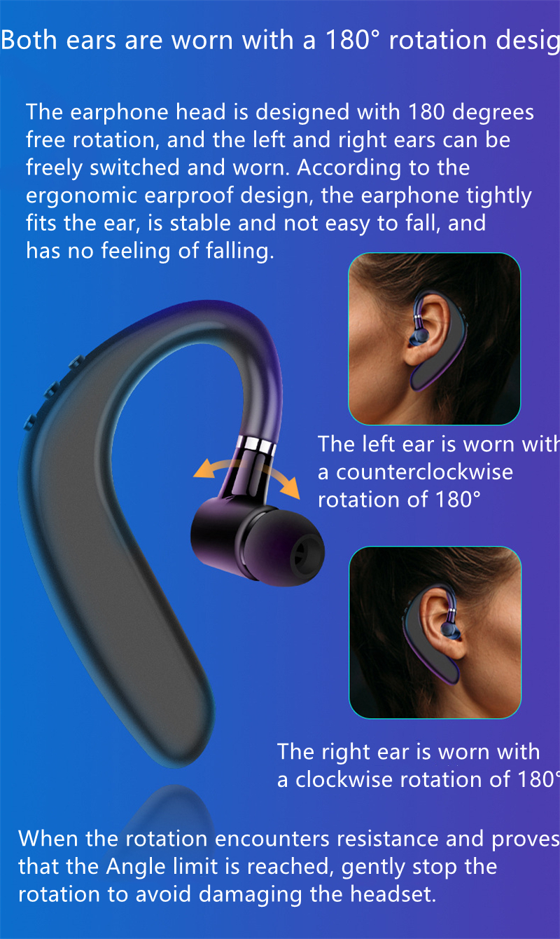 Excelay S109 Bluetooth Earphones Wireless Headset Car Business Call Music Earbuds Single Ear Hanging Box Packing