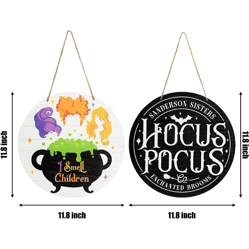Decoração de festa Halloween Placa de porta de madeira com ornamentos pendurados na porta redonda de bruxa de férias Eu cheiro as crianças Hocus Pocus 220906