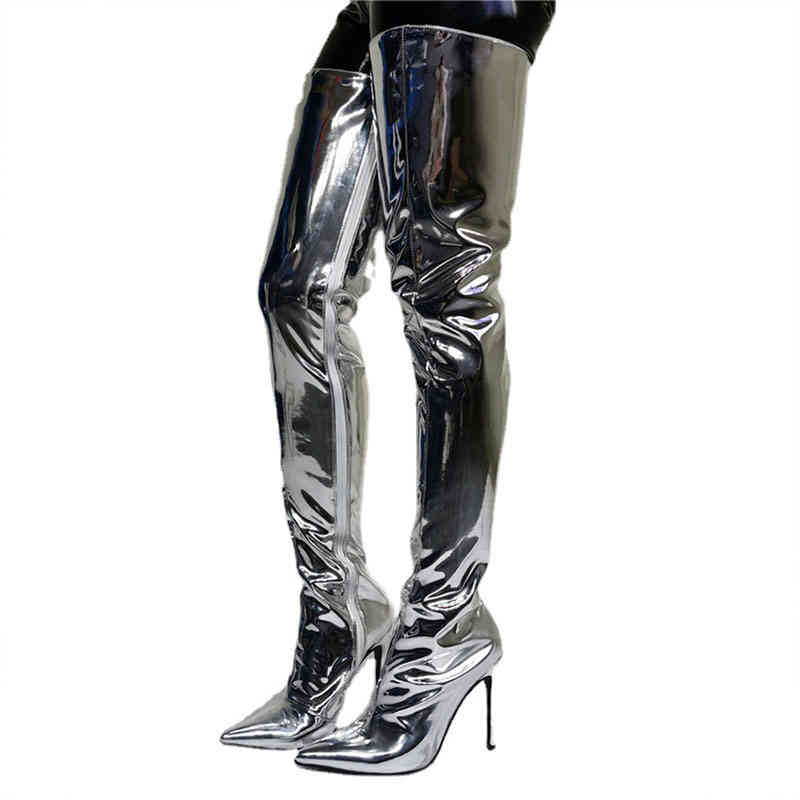 Botlar arden furtado moda yüksek topuklu 12 cm diz botları kadın sivri uçlu stilettos t parlak cilt 220906