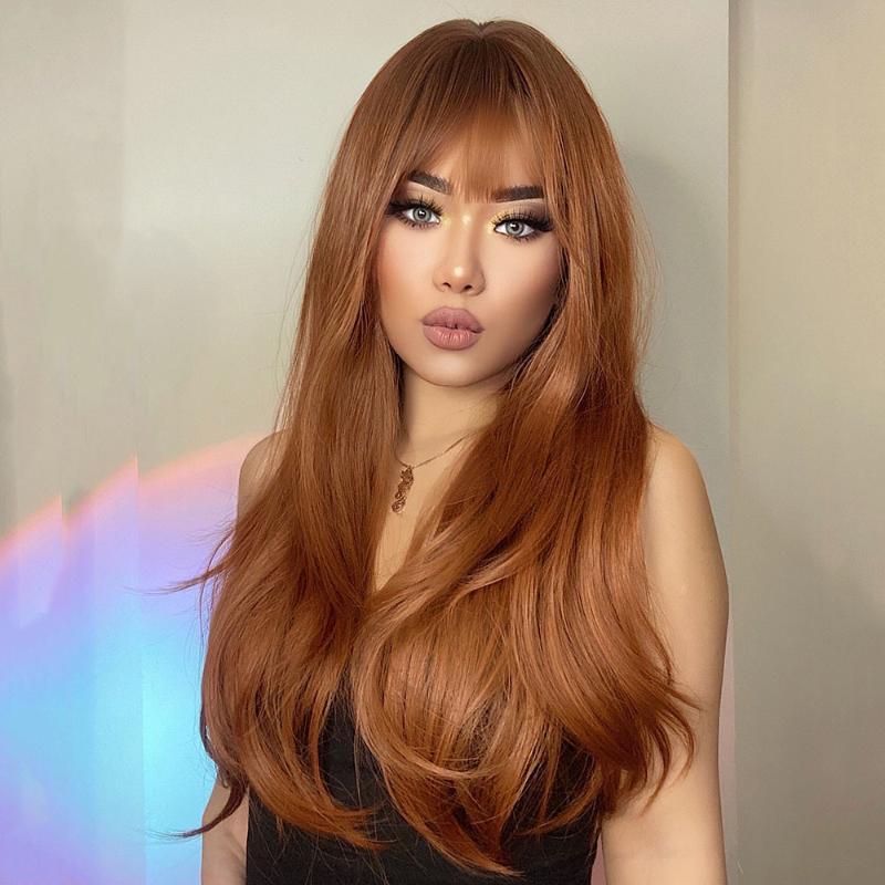 360 150% Ombre Rouge Brun Cuivre Gingembre Longue Perruque pour Femmes Vague Naturelle avec Bangs Résistant Bébé Cheveux