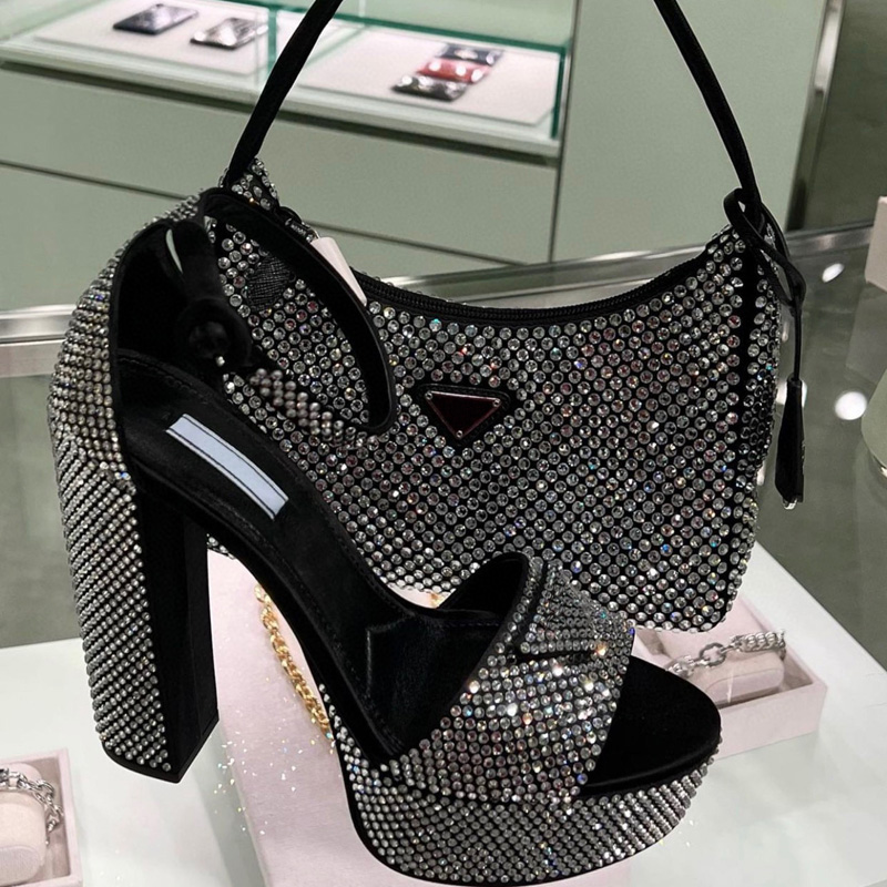 rhinestone sandals Luxury Designers womens platform heel dress shoes Classic triangle buckle Embellished Ankle strap Pumps 14CM high Heeled