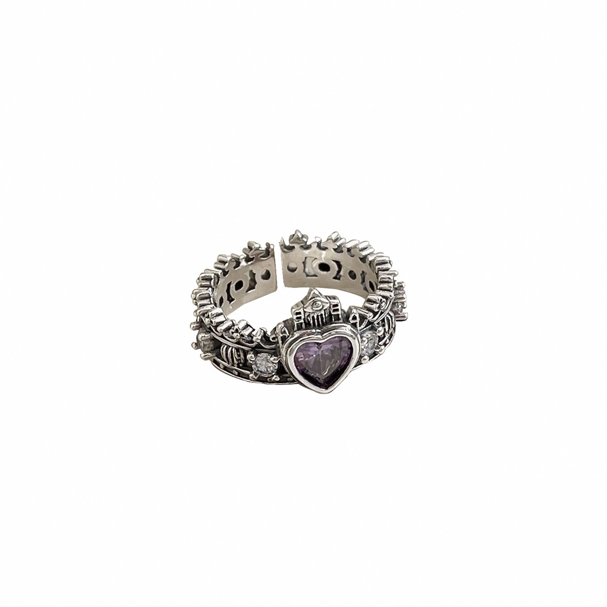 Vintage Palace Castle Crown Heart Crystal Band Ring