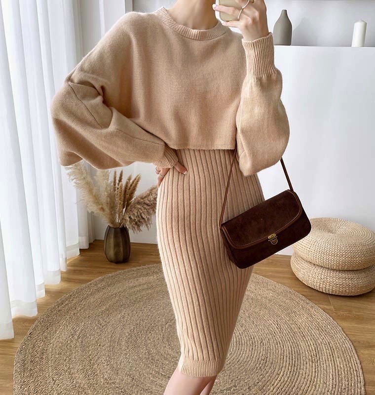 Zweiteiliges Kleid-Strickpullover-Set für Damen, lässig, Fledermaus-Kurzpullover, Pullover, gerippter Strick, Spaghetti-Midi, figurbetont, 2-teiliger Anzug 220906