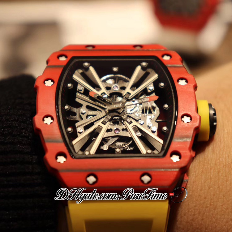 2022 12-01 Miyota Automatisk herrklocka NTPT Red Carbon Fiber Case Skeleton Dial Big Date Yellow Rubber Strap 4 Styles Watches Puretime A1