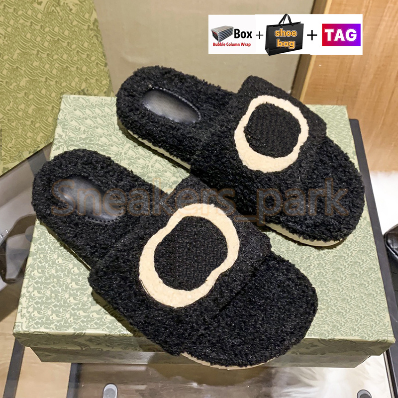 Pantofole ibride in interlock Scivolo in lana Pelliccia piatta soffice peloso Sandali Donna diapositive calde Sandalo piatto Con scatola scarpe borsa invernale indoor peluche sfocato pantofola da donna