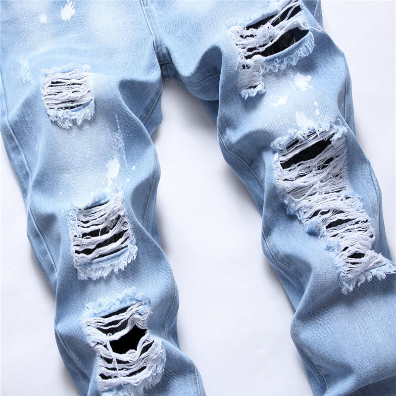 25 typer av stil rippade jeans män mager smala fit denim byxor avslappnad blå malning vit affärsstil handpunkt byxor