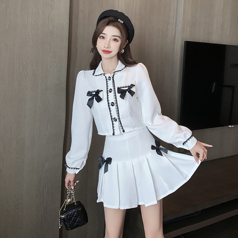 Zweiteiliges Kleid Herbst Korean Sweet Tweed Anzüge Frauen Bowknot Kurze Jacke Mantel Rock Sets Vintage Kleiner Duft Zweiteiliges Outfit Weiß 220906