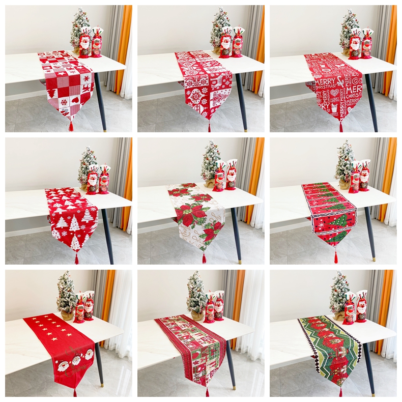 Corredor de mesa de Natal 33X180cm / 13X71 polegadas Tecido de algodão poliéster Mesas de jantar Festa de casamento Homem da neve Elk Floral Toalha de mesa macia Decoração Presente HY0096