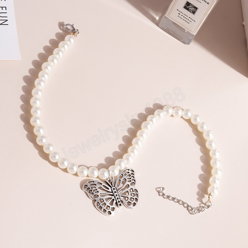 Korea Chic Hohl Schmetterling Anhänger Halskette Handgemachte Simulierte Perle Perlen Halskette Femme Schmuck