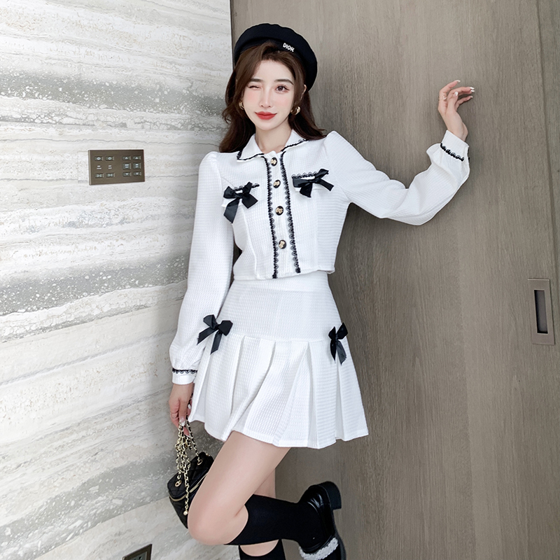Zweiteiliges Kleid Herbst Korean Sweet Tweed Anzüge Frauen Bowknot Kurze Jacke Mantel Rock Sets Vintage Kleiner Duft Zweiteiliges Outfit Weiß 220906