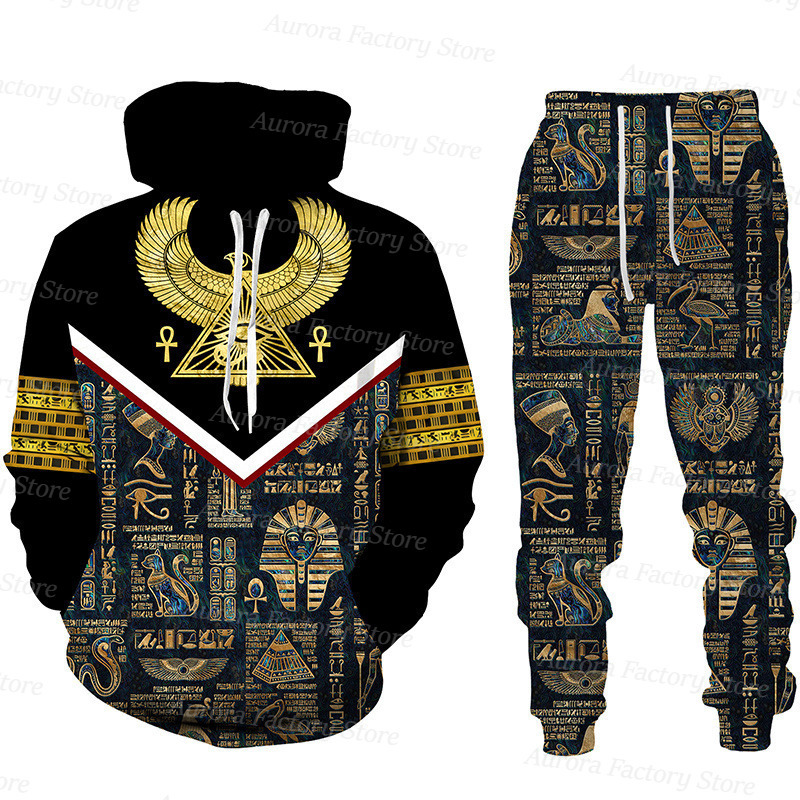 Heren tracksuits heren tracksuit 2 -delige vintage hoodie set Egyptische mythologie outfit pak lange mouw comfortabele dagelijkse kleding met hoed 220906