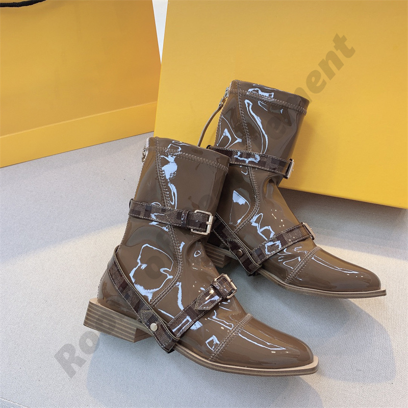 Rempackning Motorcykelst￶vlar Kn￤ Ankle Kvinnor Elastiskt patentl￤der L￥g h￤l BOT RUNT T￥ Chelsea Designer Boot Fashion Shoes Chunky White Black Grey Thick Sules