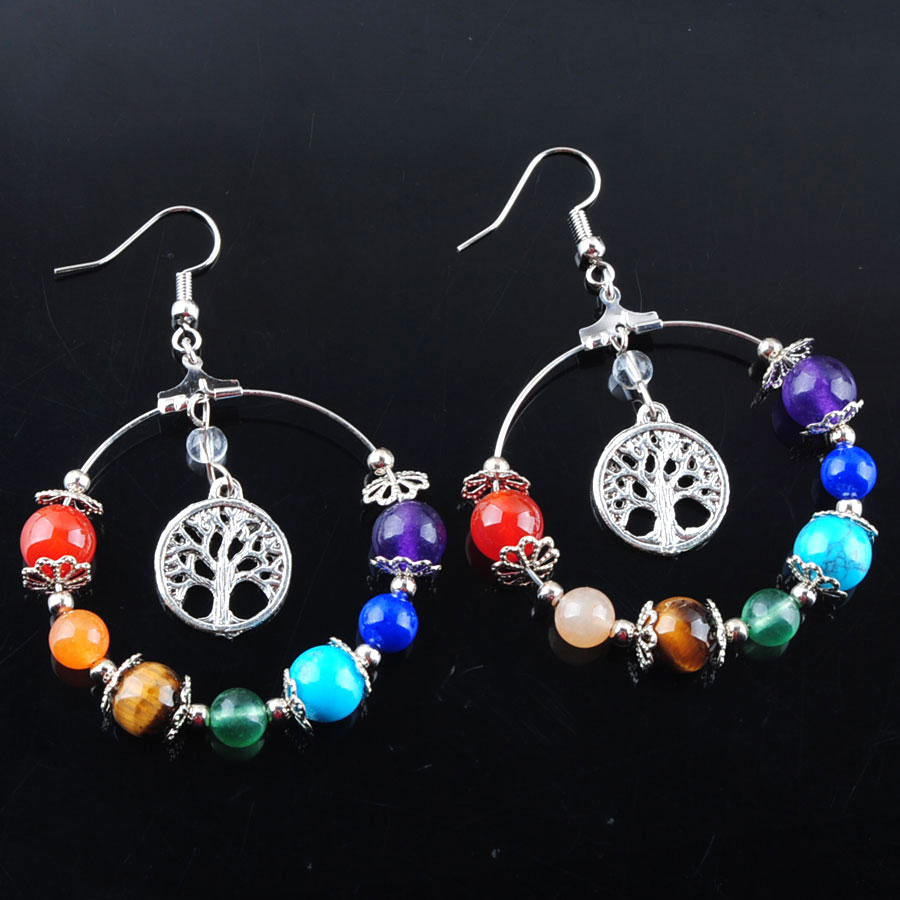 Boucles d'oreilles arbre de vie pour femmes, 7 chakras, cercle naturel, pierre précieuse, perle, cristal de guérison Reiki, bijoux à la mode, R3124