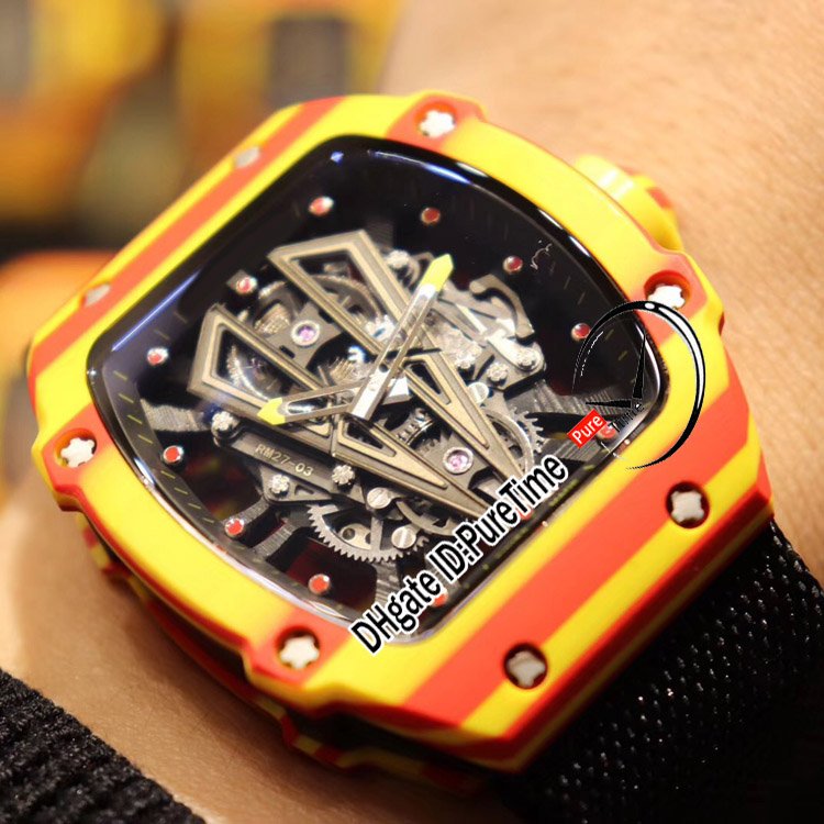 27-03 TOURBILLON RAFAEL NADAL MIYOTAオートマチックメンズウォッチ2022 NTPT Red Yellow Carbon Fiber Case Skeleton Dial Big Date Black Nylon Strap 3 Styles Watches Puretime A1