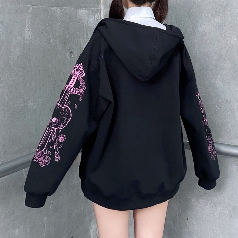 Felpe con cappuccio da donna Felpe con cappuccio punk stampa grafica cerniera nastro con cappuccio felpa con cappuccio vintage nero oversize cappotto felpa anni '90 streetwear giacca top 220907