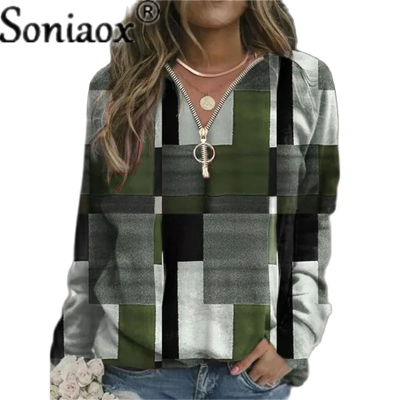 Women's Hoodies Sweatshirts Autumn Women Loose Casual V Neck Zipper Long Sleeve Plaid Top Pullover Streetwear Ladies Fashion 220906