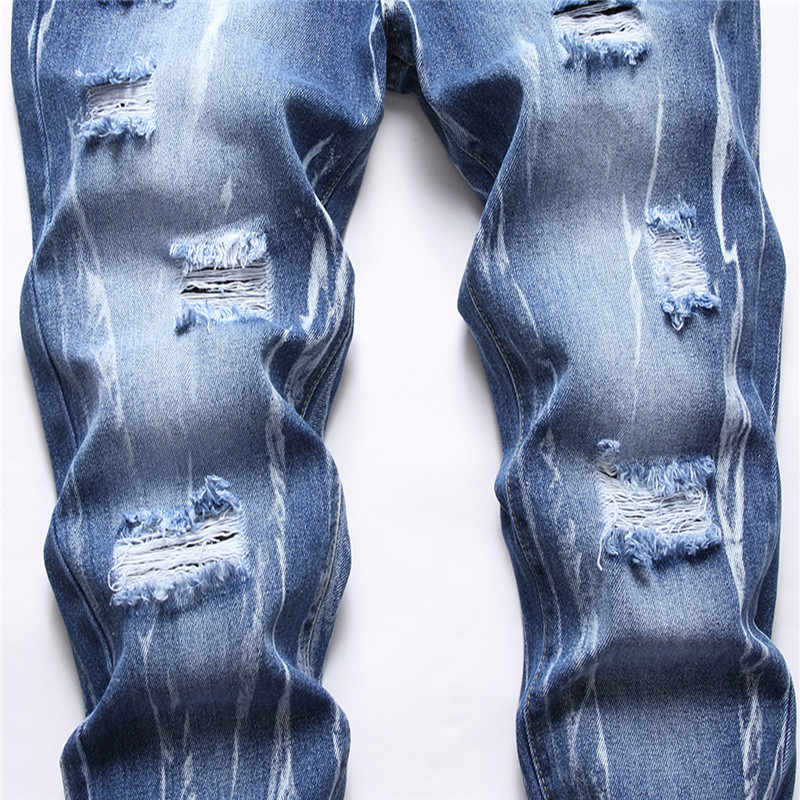 Tie Dye hommes déchiré jean mode Streetwear décontracté Slim Fit Denim pantalon bleu foncé trou fermeture éclair pantalon taille 28-42 pantalons