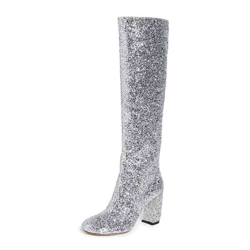 Bottes Arden Furtado femmes argent talons épais 5 cm paillettes bottes brillantes dames tissu pailleté grande taille 41 42 43 220906