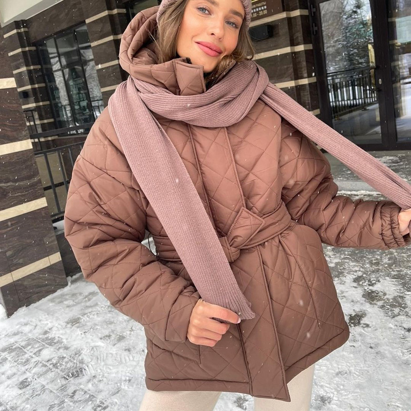 Women's Down Parkas CP Casual Loose Arylle Hooded Fashion Solid Thick Short Coats Elegant Tie Belt Cotton Jackets Female Ladies 220907