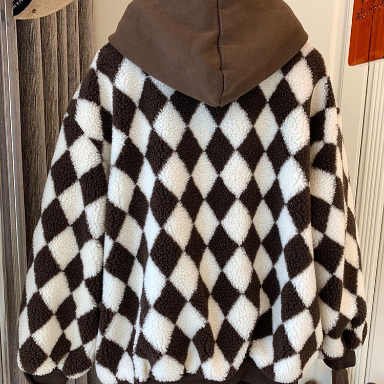 Kvinnors jackor vinter varma retro checkerboard lamm ull kappa kvinnor personlighet gata casual huva lös falsk twopiece kvinnlig jacka 220907