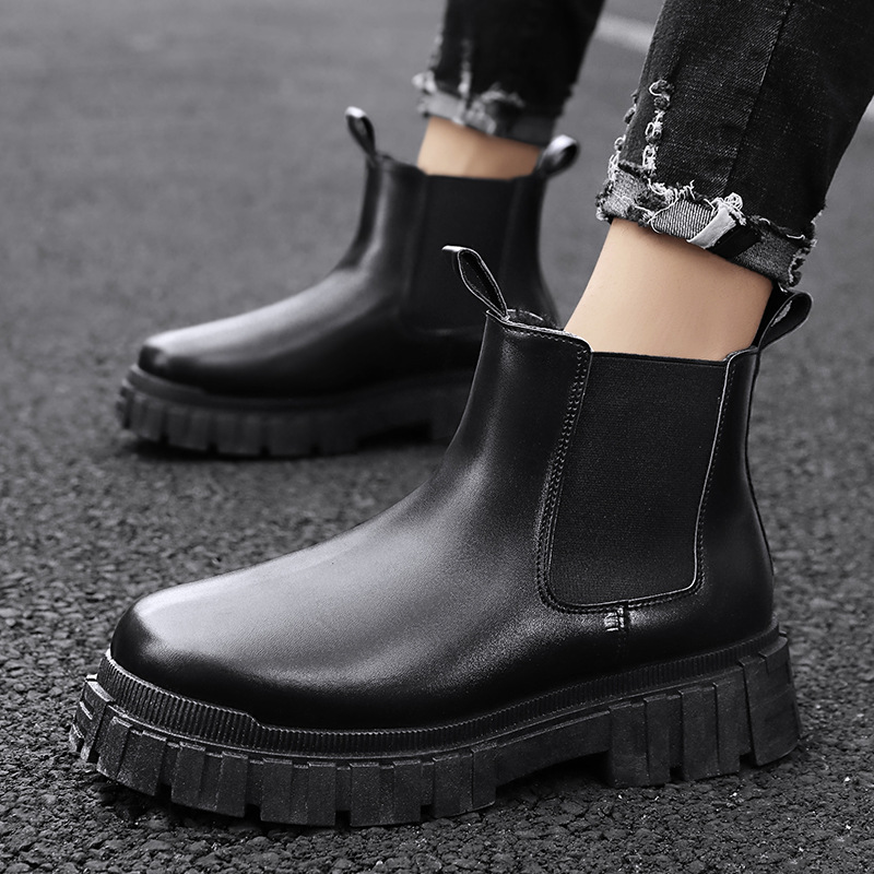 Autumn winter round toe Chelsea boots men waterproof platform casual inner heightened breathable viscose shoes black size 39-44