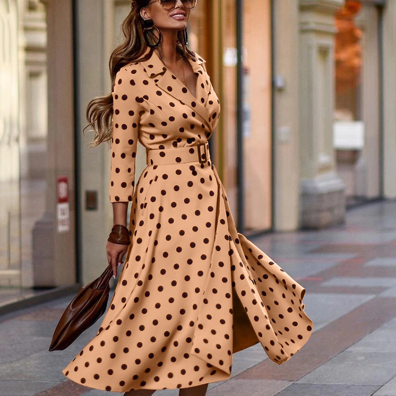 Casual Dresses Y2K Spring Autumn Women's Elegant Fashion VNeck Polka Dot Print ThreeQuarter Sleeve LaceUp Slit Midi Vestido 220906