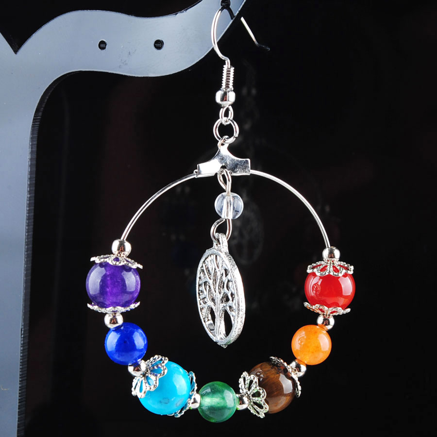 Boucles d'oreilles arbre de vie pour femmes, 7 chakras, cercle naturel, pierre précieuse, perle, cristal de guérison Reiki, bijoux à la mode, R3124