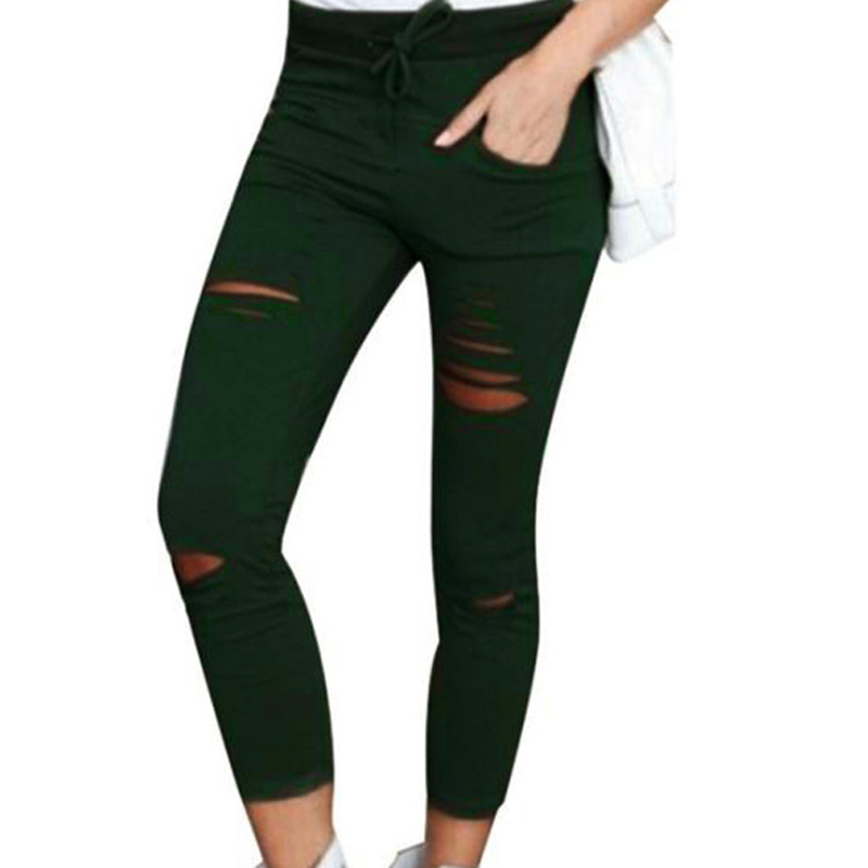 Womens Leggings Plus Size Solid Color Drawstring High Waist Pencil Pants Ripped Skinny Elastic Sexy ThinSection For Women 220906