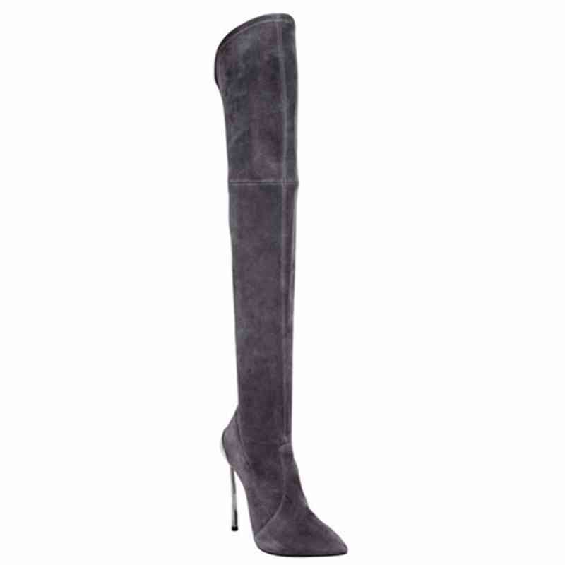 Stivali Arden Furtado Primavera Autunno Grigio sopra il ginocchio Punta a punta Tacchi a spillo Tacchi alti 12cm Gamba dimagrante Slip on Stretch 220906