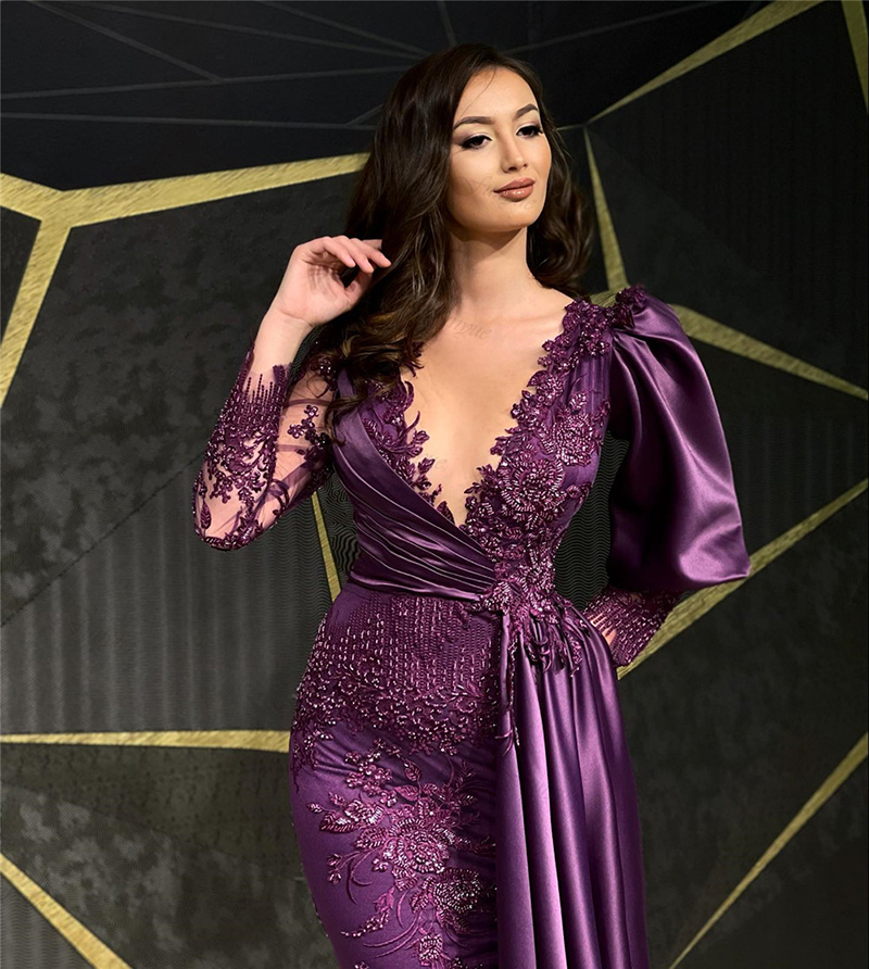 Abendkleider Dubai Purple Evening Dresses Celebrity Dreeves Full-Neck-Neck Sexy Party Gowns Lace in perline Arabia Saudita