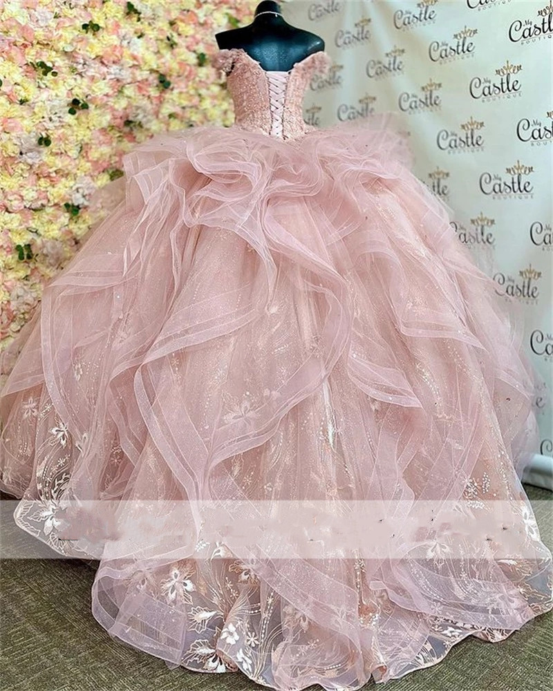 Shining Pink Ball Gown Quinceanera Dresses Beaded Flowers Appliques Off Shoulder Tulle Sequined Sweet 15 16 Dress XV Party Wear