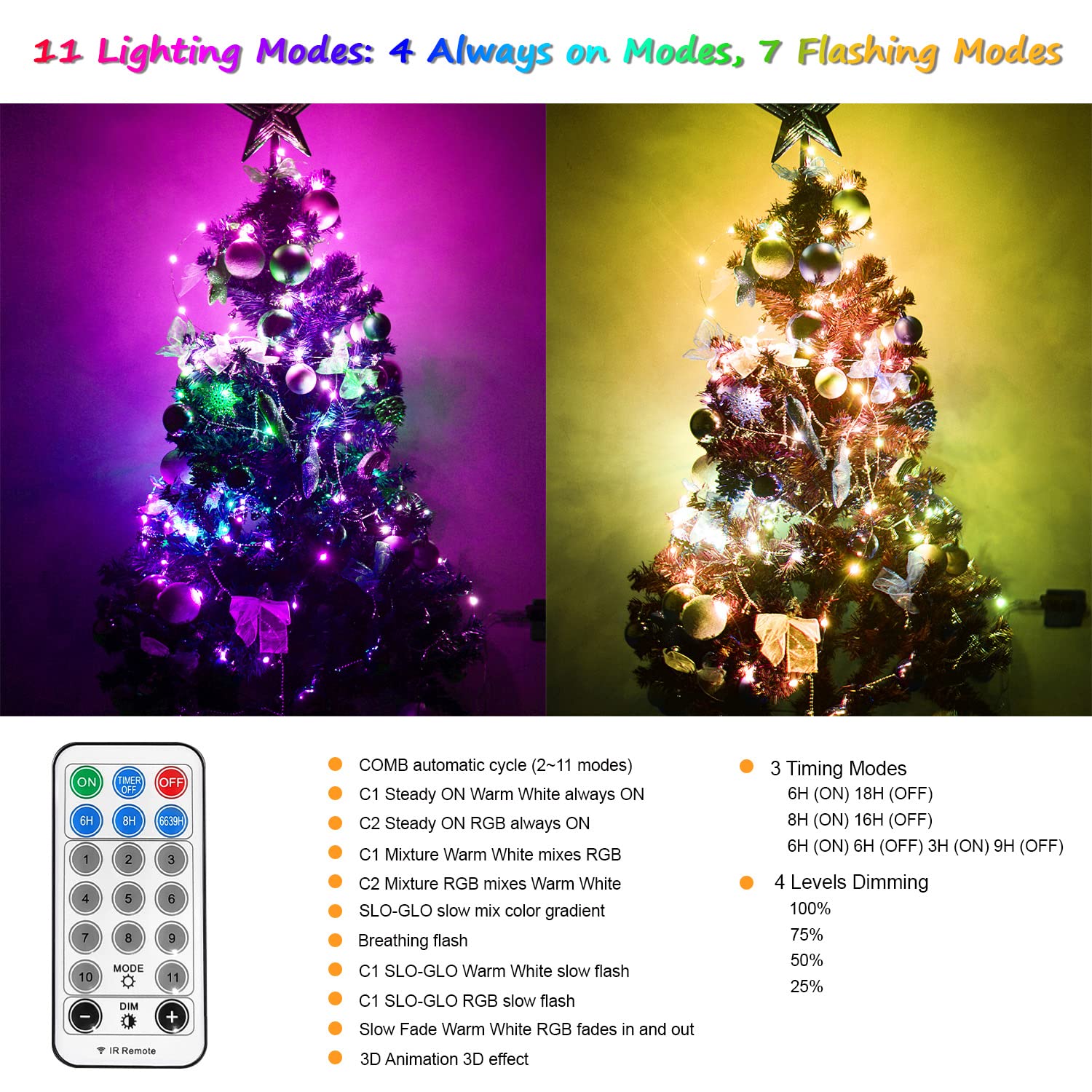 10M 100 LED Guirlande Lumineuse USB Guirlande Lumineuse 11 Modes Firefly Lumière Gradation Timing Fonction Mémoire pour Fête Extérieure Noël Décorations RVB Blanc Chaud