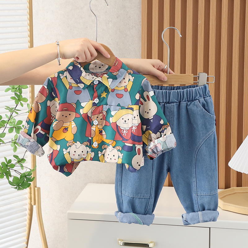 Frühling Baby Mädchen Jungen Kleidung Sets Kleinkind Infant Revers Druck Hemd Jeans Mode Im Freien Kinder Kinder Kostüm