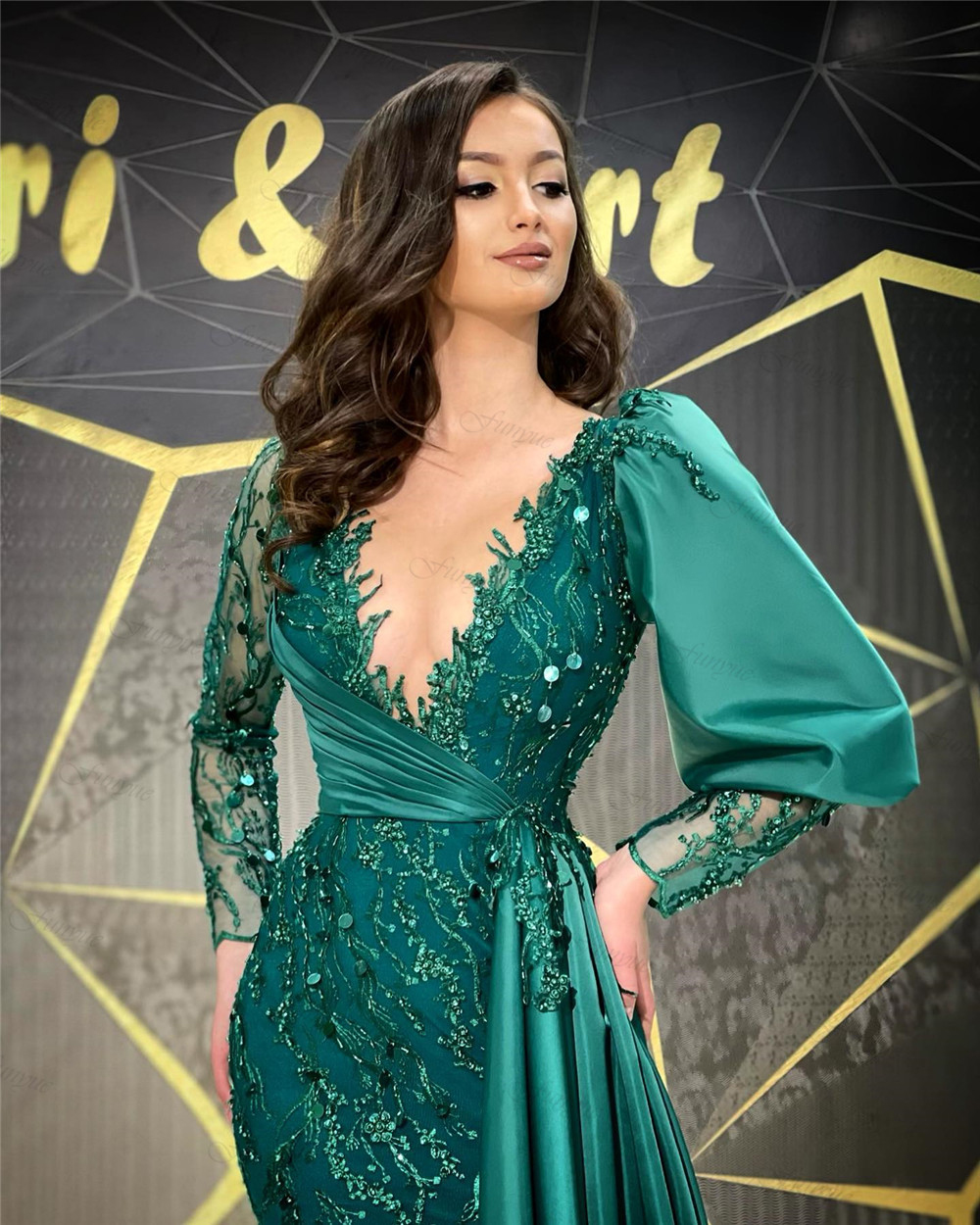 Hunter Green Arabic Prom Sukienki 2023 Dubai Evening Suknie syrena koronkowa cekina muzułmańska formalna sukienka Long Vestidos de Gala