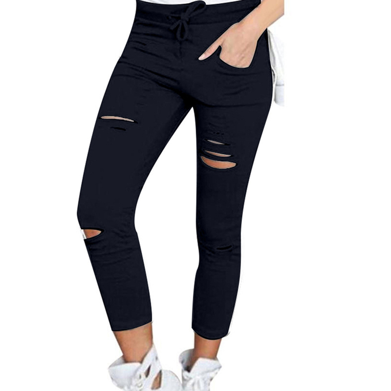 Womens Leggings Plus Size Solid Color Drawstring High Waist Pencil Pants Ripped Skinny Elastic Sexy ThinSection For Women 220906