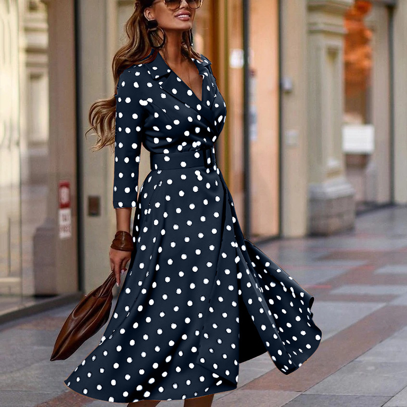 Casual Dresses Y2K Spring Autumn Women's Elegant Fashion VNeck Polka Dot Print ThreeQuarter Sleeve LaceUp Slit Midi Vestido 220906