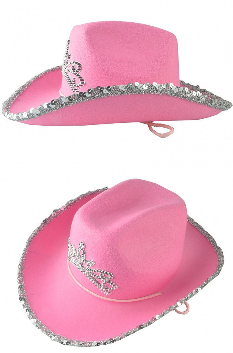 Breite Krempe Hüte Krone Rosa Cowboy Caps Western Cowgirl Hut für Frauen Mädchen Federrand Glänzende Pailletten Tiara Cowgirl Hüte Party Fedora Cap Caps 220907