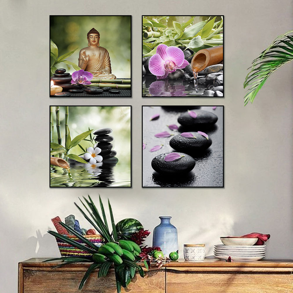 Canvas målning abstrakt buddha bambu blomma vatten affischer och tryck väggkonst abstrakt bild för vardagsrum hem dekoration