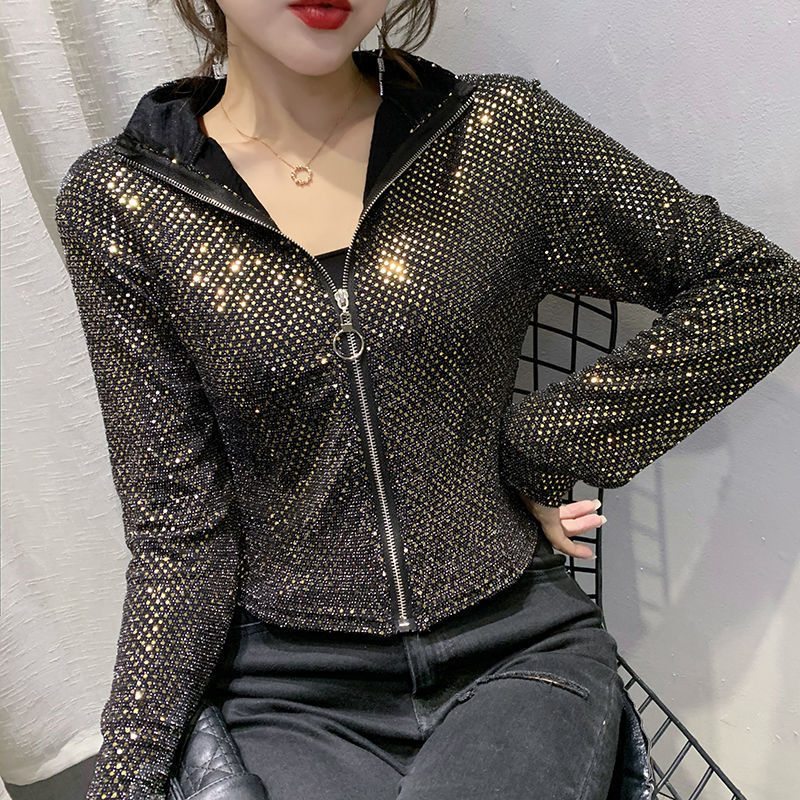 Vestes Femmes Automne Femmes Glitter Paillettes Courtes Mode Féminine À Manches Longues Design Sens Sexy Chemise De Fond 220907