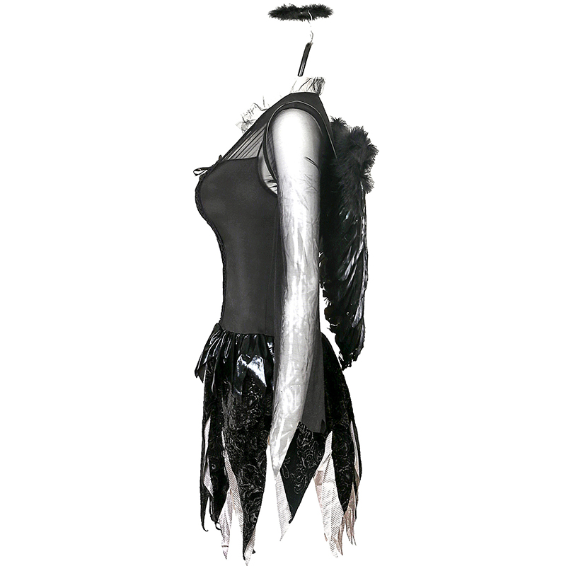 Lady Fallen Dark Angel Devil Costume Horror Raven Halo Wings Outfit Cosplay Carnival Halloween Party Dress H027