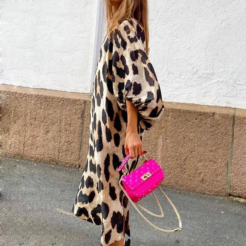 Casual Dresses Autumn Sexy Leopard Print V Neck Long Fashion Women Lantern Sleeves Loose Elegant Party 220906