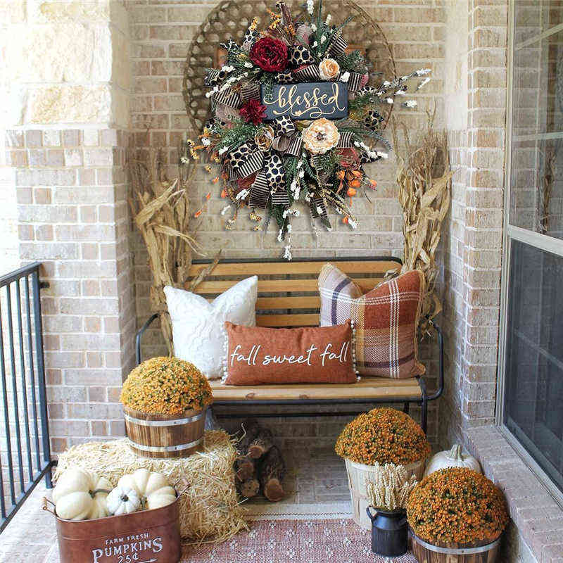 Dekoratif çiçekler sonbahar çita çelenk karşılama işareti ön kapı dışında el yapımı ahşap yapay çiçek eğreltiot