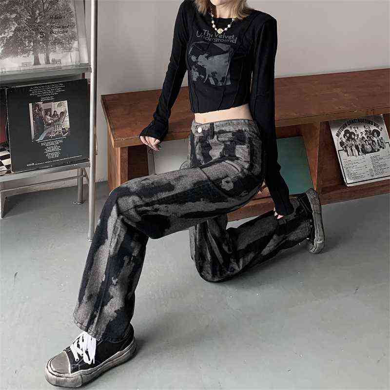 Jeans pour femmes Yedinas Tie Dye Denim Pantalons Femmes Jeans à jambes larges Taille haute Jeans noirs Pantalons gothiques Jean Boyfriend Femme 90s Streetwear 2021 T220825